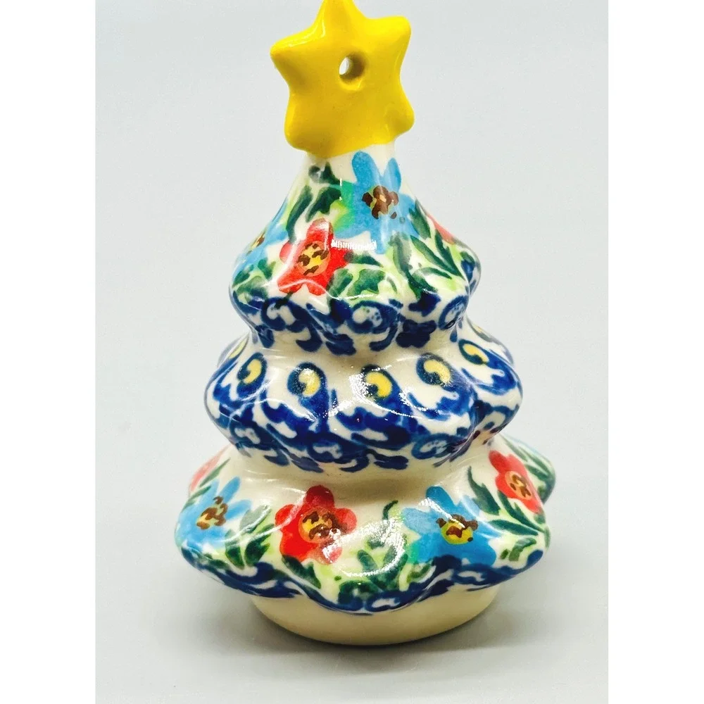 Polish Pottery Christmas Tree Ornament Figurine Floral Boleslawiec 3.25 inch